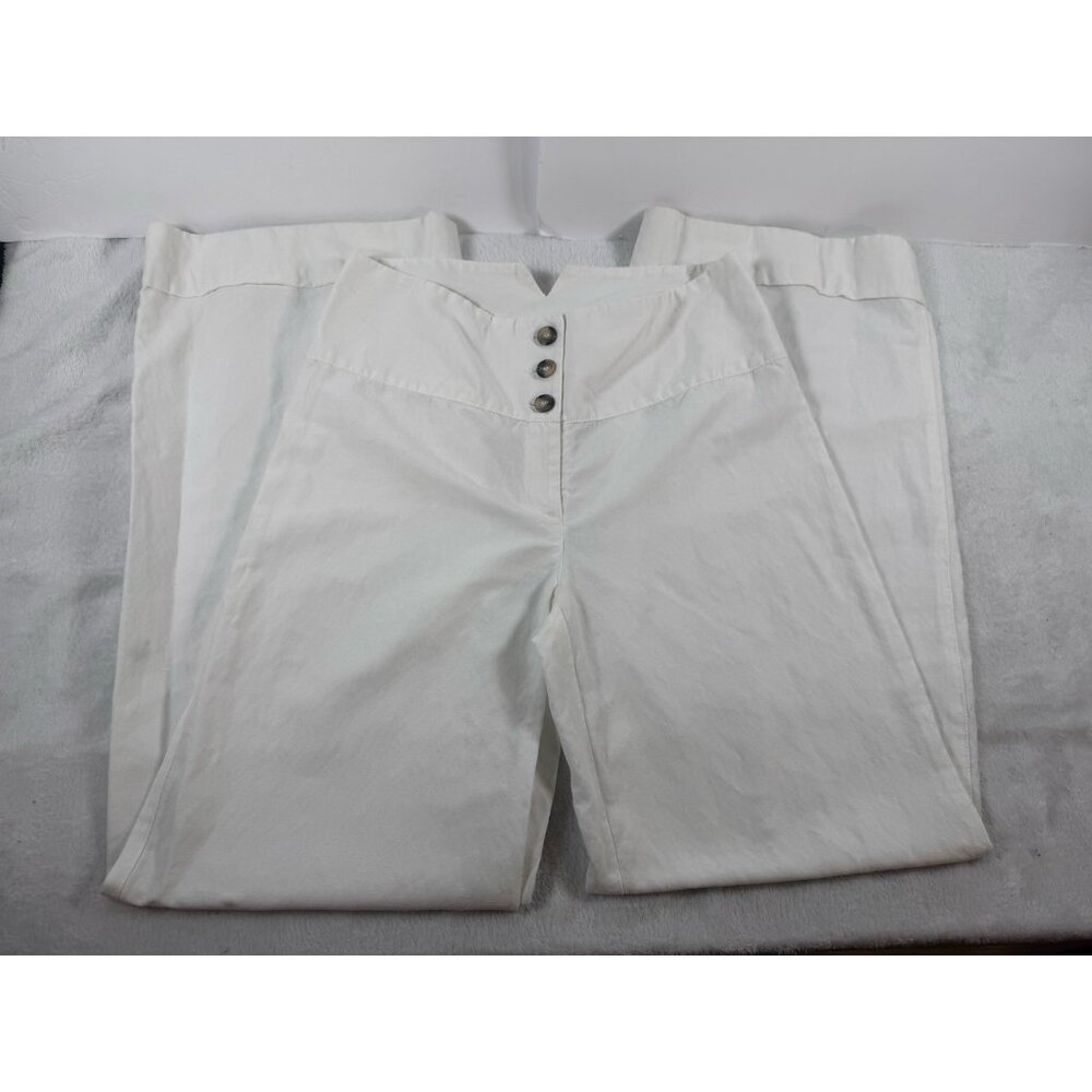 H&M White Linen Wide Leg Trousers High Rise Notch Waist‎